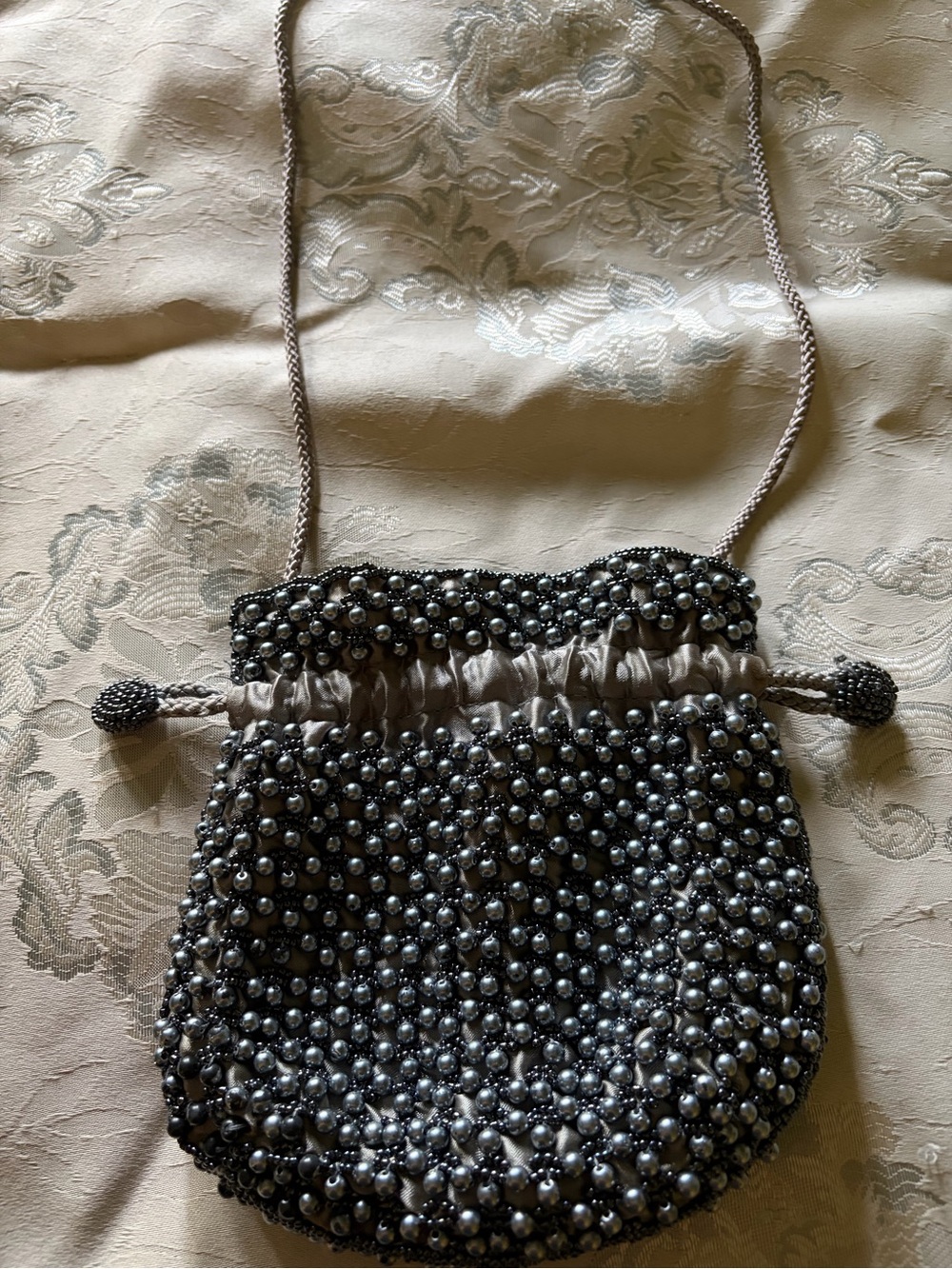 Beaded Drawstring Shoulder Bag in Silver
